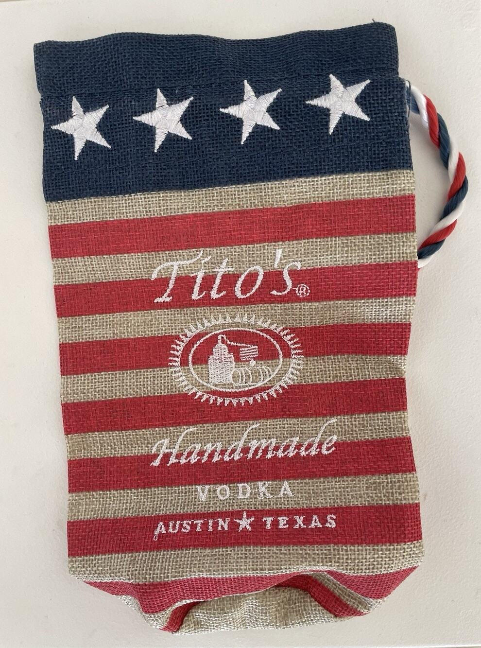 Limited Edition Tito's Vodka American Flag Logo Burlap Bag Bottle Storage
